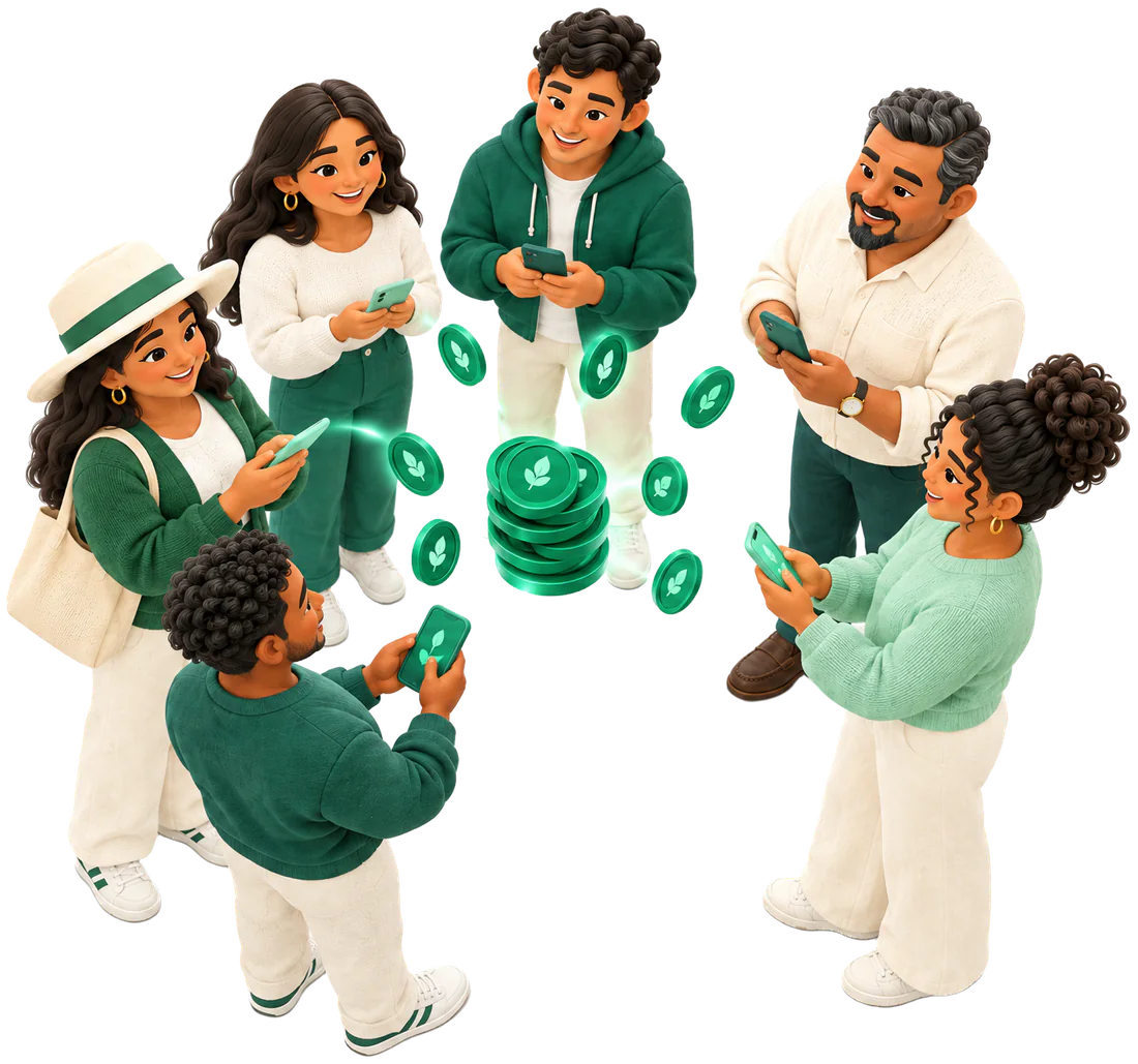 Un grupo de amigos con sus teléfonos y una pila de monedas al centro